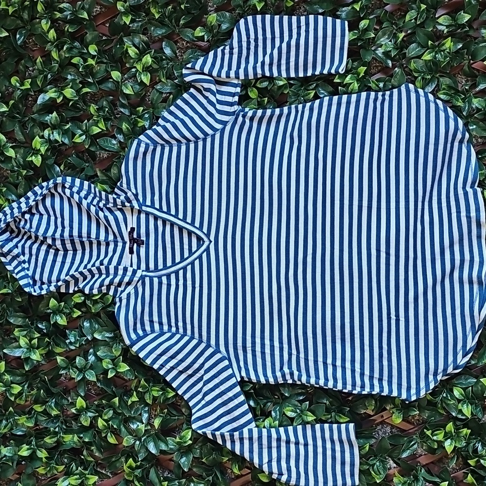 Olivia Sky Blue And White Striped Long Sleeve Hooded V-neck Top Size Women's 1X